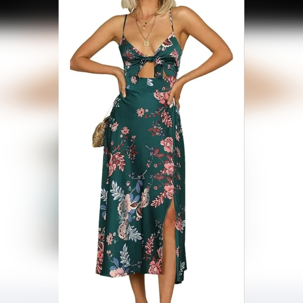 NWOT- Floral Blue Midi Dress With Front Cut Out- Small